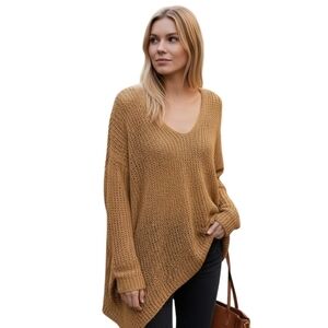 Free People V-Neck Sweater in Caramel Brown